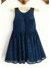 Navy Blue Lace Slit Back Knee Length Flower Girl Dress